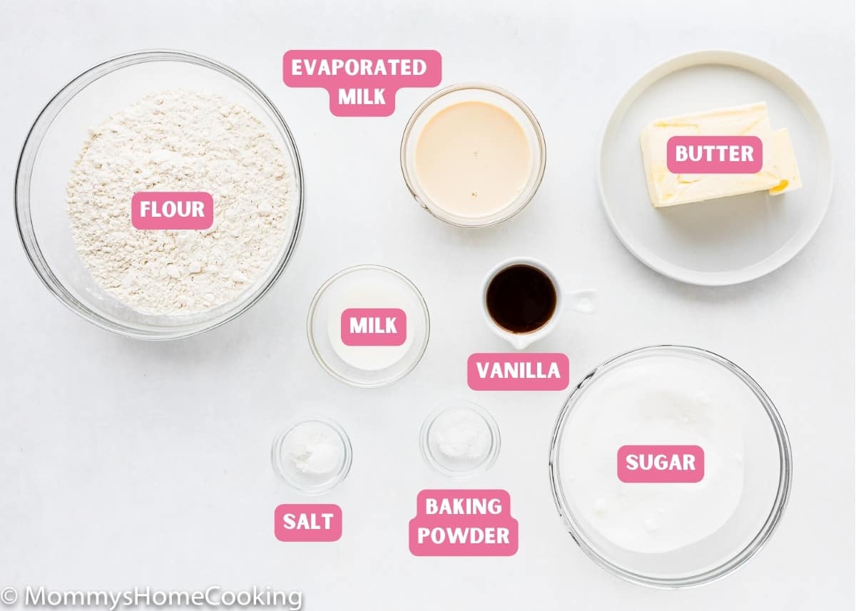 ingredients needed to make Eggless homemade Vanilla Wafers or Nila Wafers over a white surface with name tags.