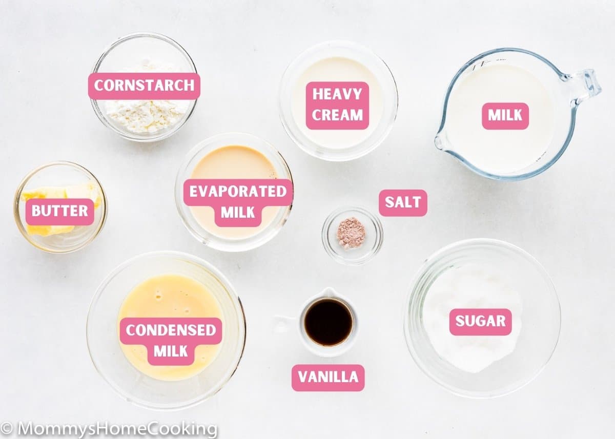 homemade eggless vanilla pudding ingredients with name tags.