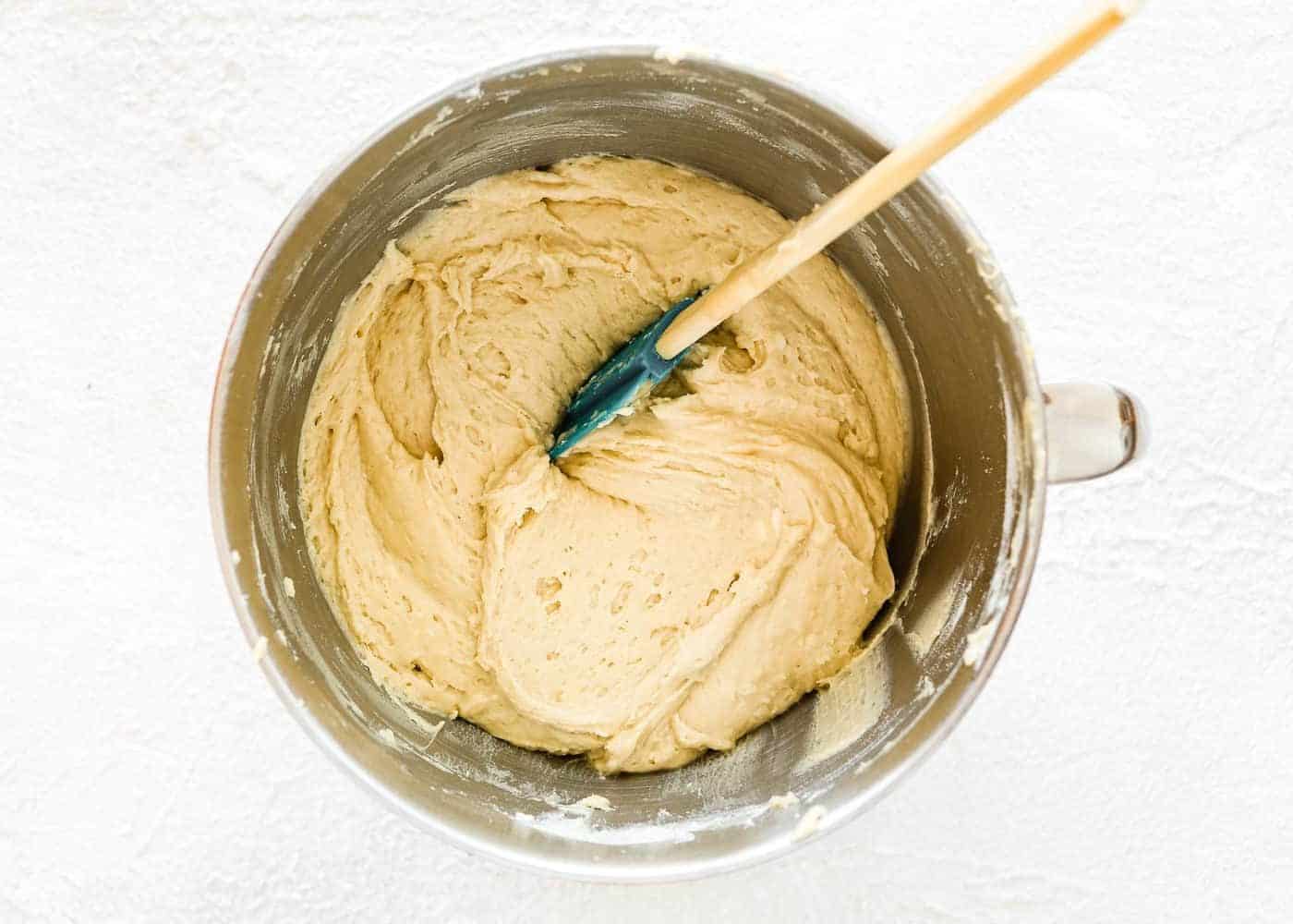 eggless coffee cake batter in a mixing bowl.