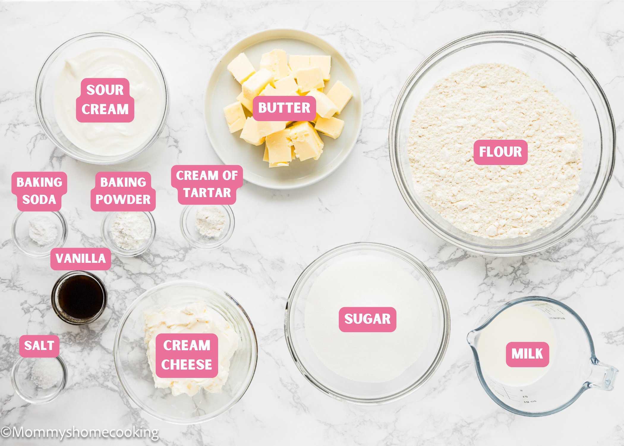 Eggless Cream Cheese Pound Cake ingredients with name tags. 