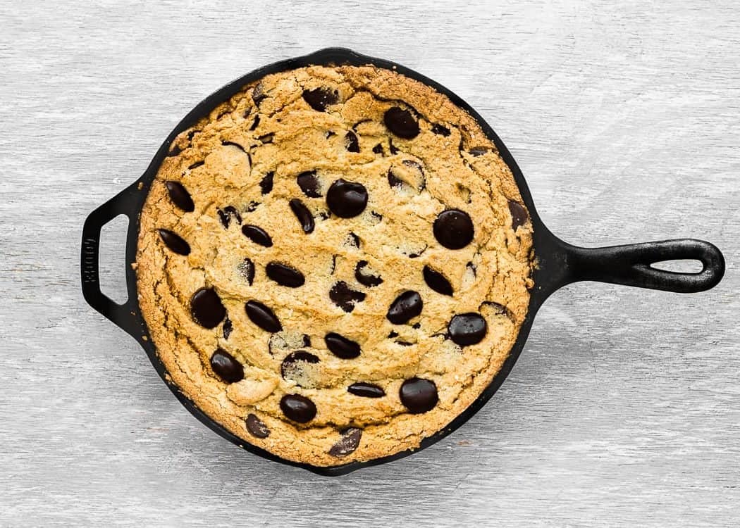 Baked Eggless Chocolate Chip Skillet Cookie. 