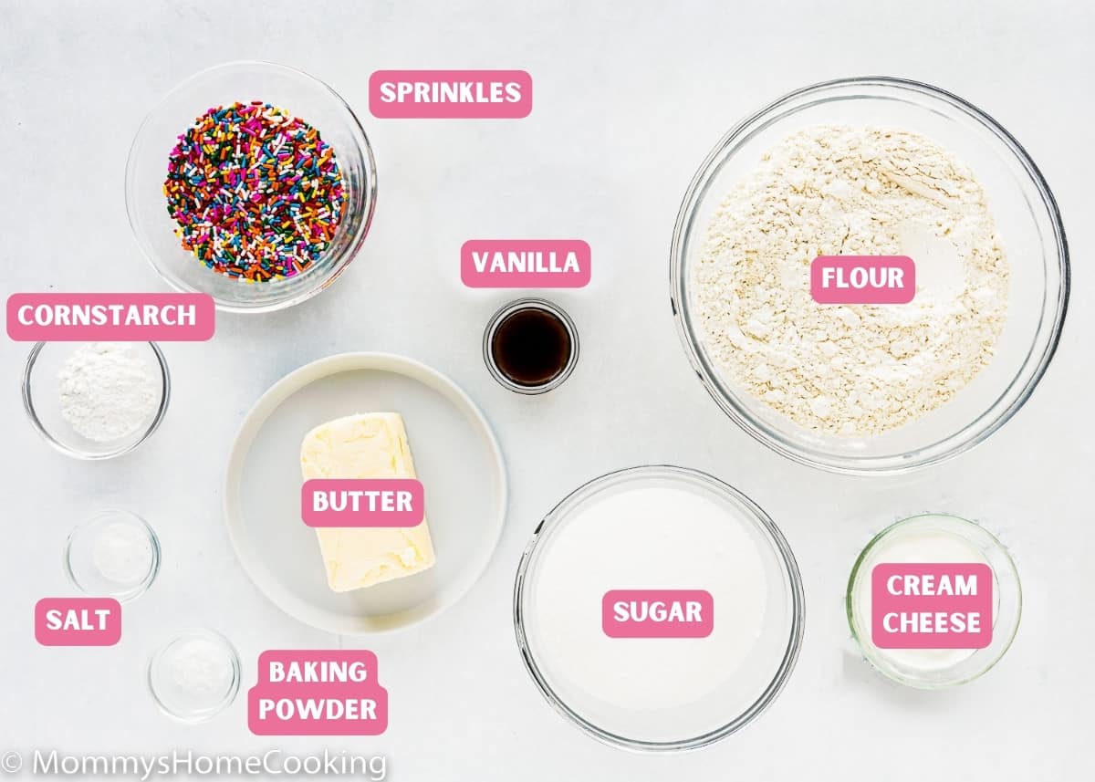 Ingredients needed to make eggless Funfetti cookies with name tags.