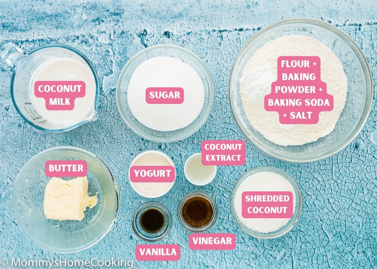 ingredients needed to make egg-free coconut cake with name tags.