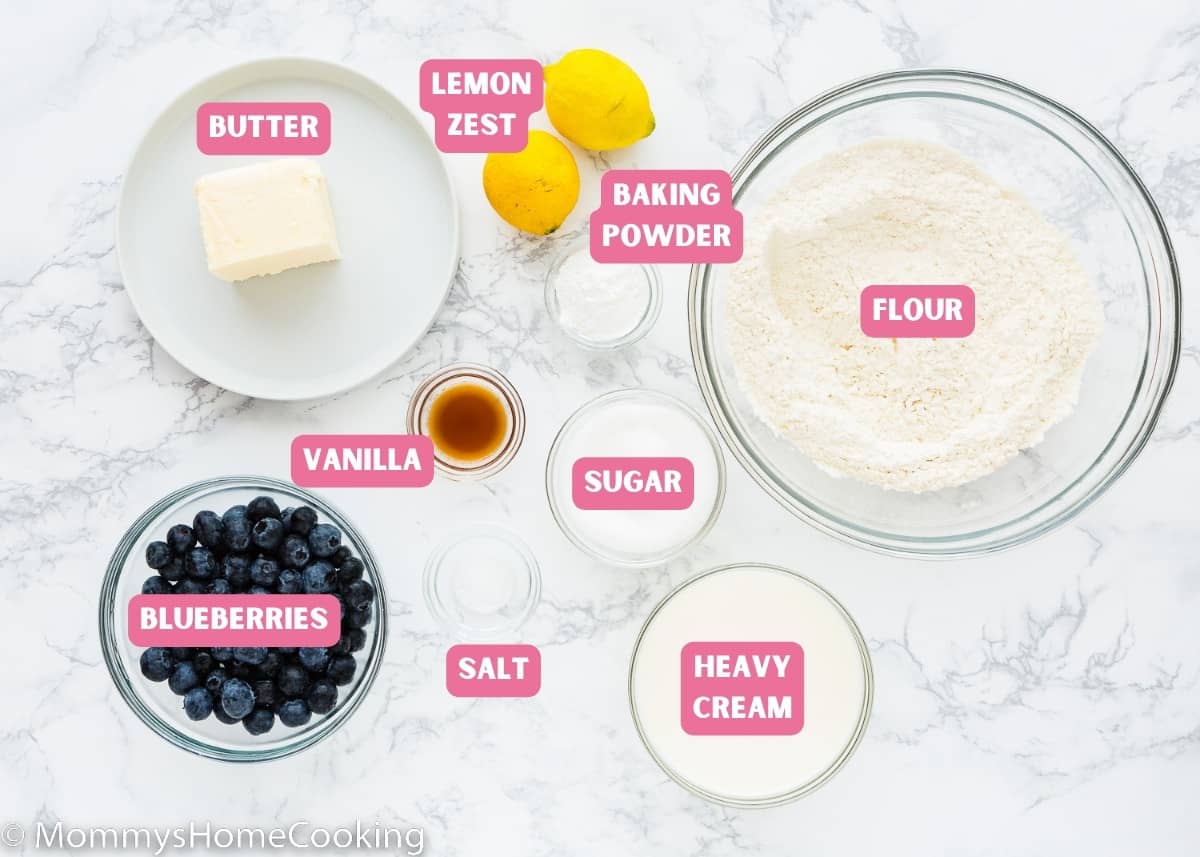 Ingredients needed to make egg-free blueberry scones over a marble surface with name tags.