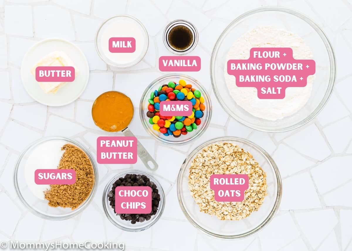 Ingredients needed to make egg-free monster cookie with name tags. 