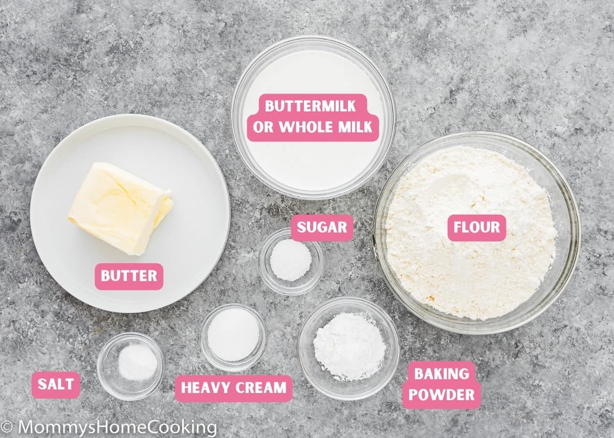 Ingredients needed to make eggless homemade biscuits with name tags.