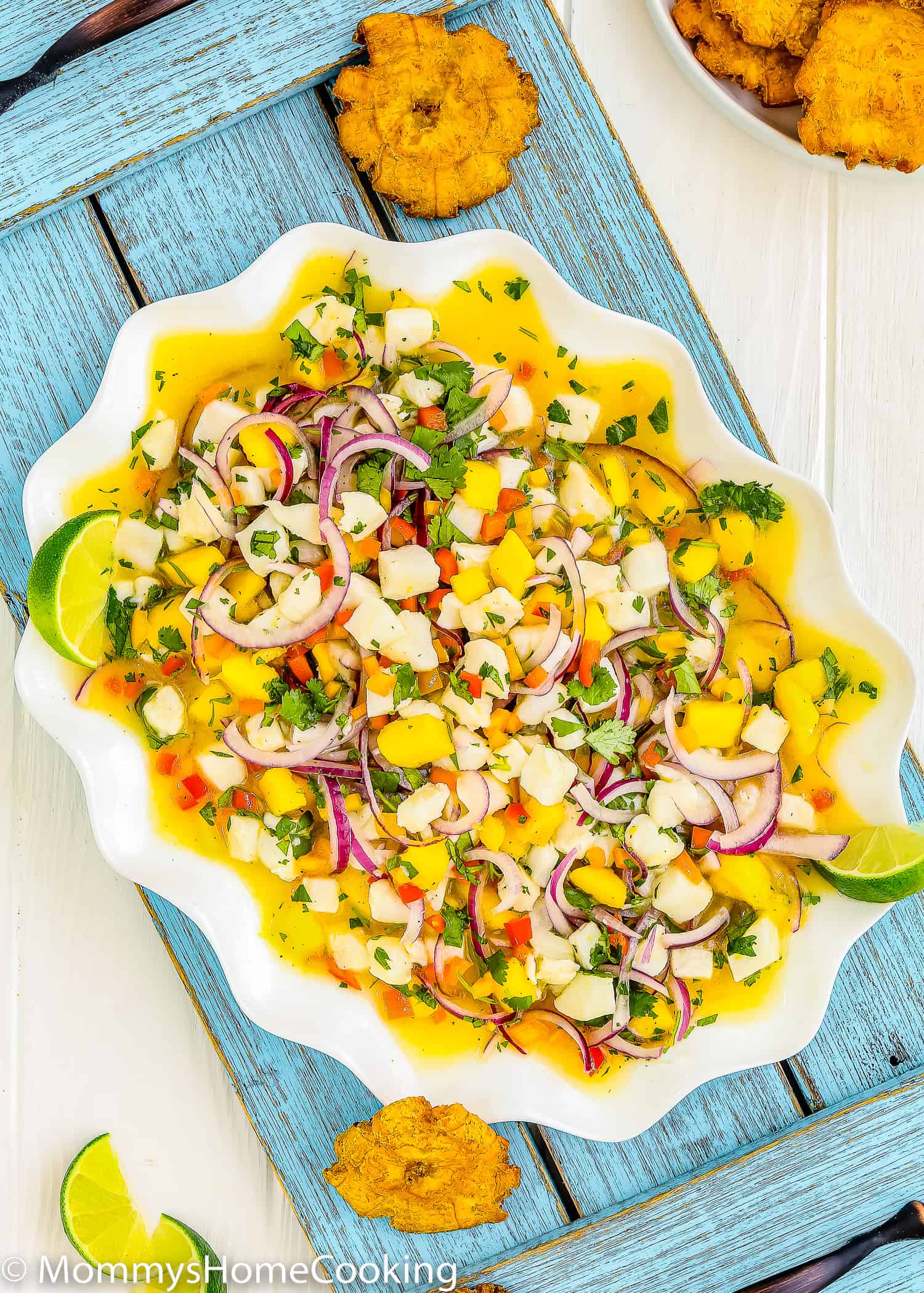 Fish ceviche with mango in a big serving plate and tostones around it.
