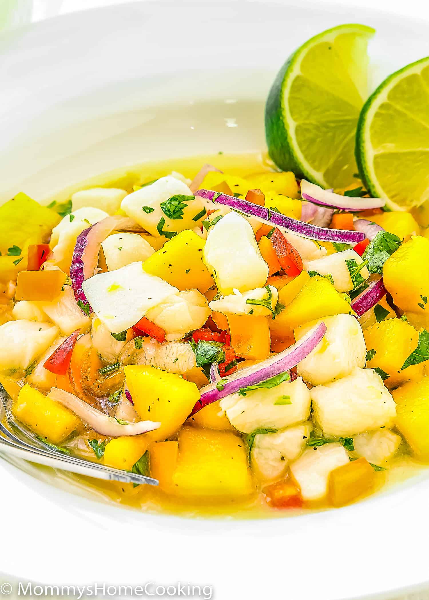 fish ceviche with mango in a white plate with a fork.