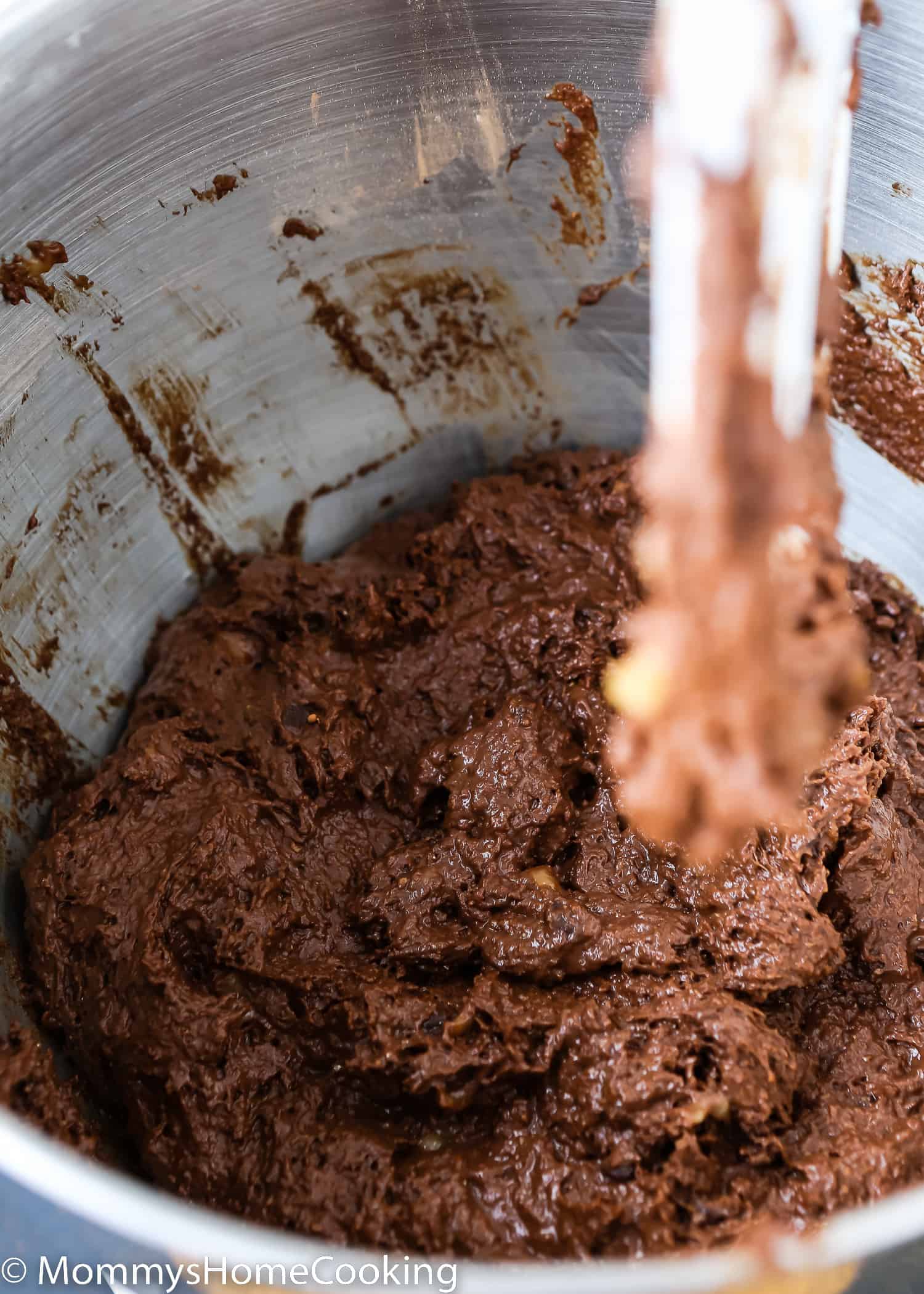 Eggless Banana Chocolate Muffins batter in a stand mixer bowl.