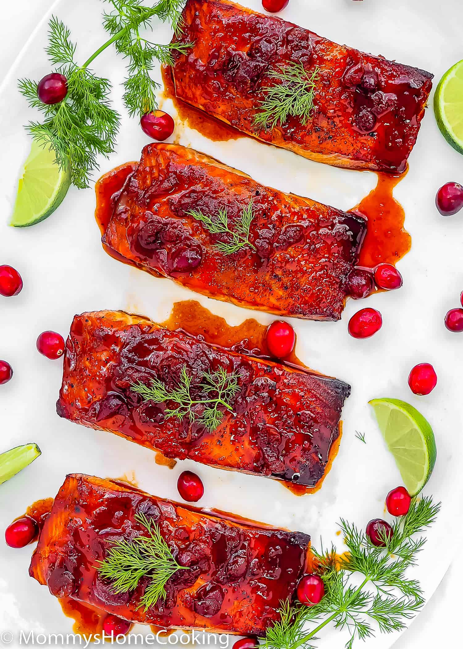 Cranberry Honey Glazed Salmon in a serving plate with fresh cranberries, lemon slices and dill.