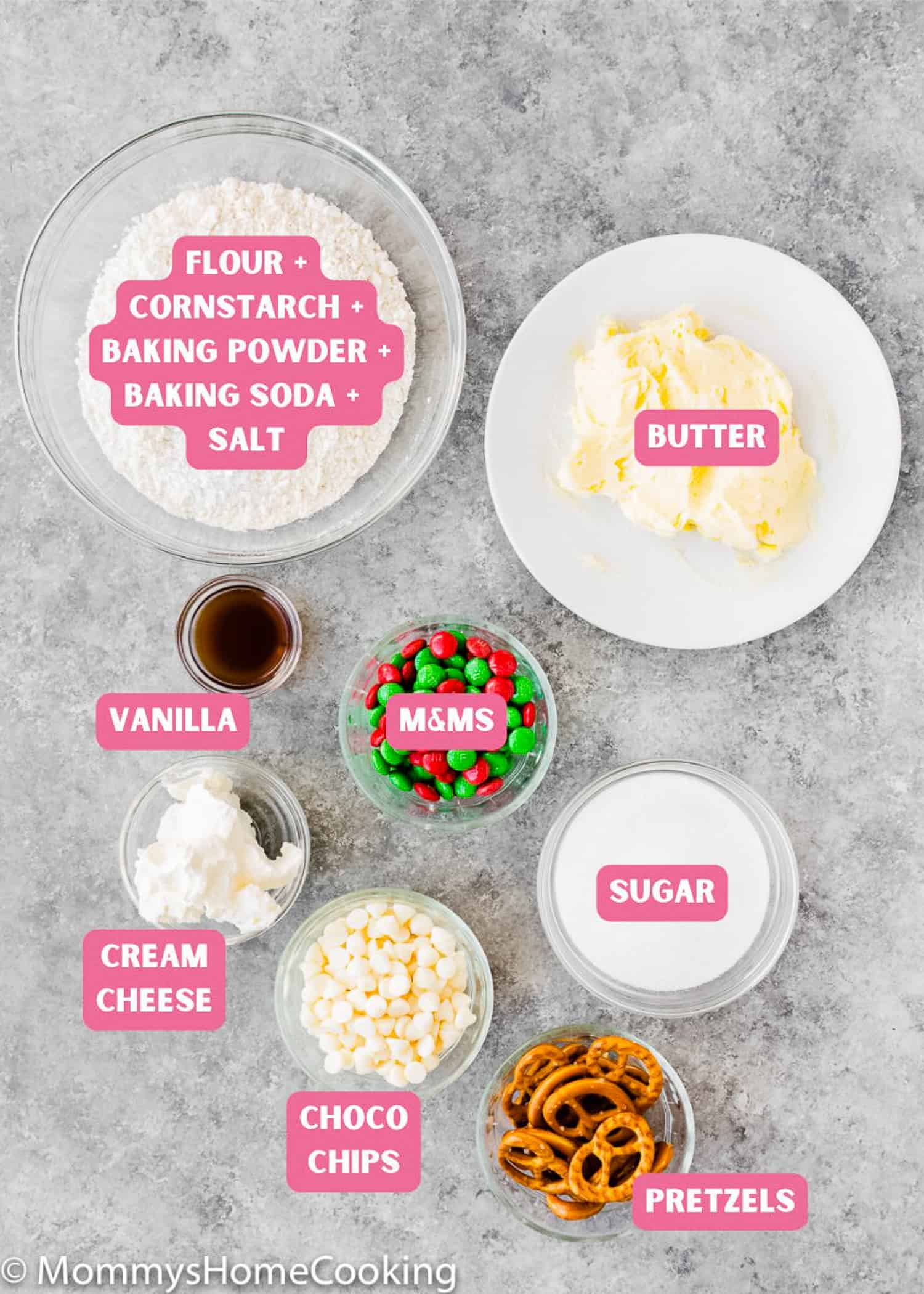 Ingredients needed to make egg-free Christmas cookies with name tags. 