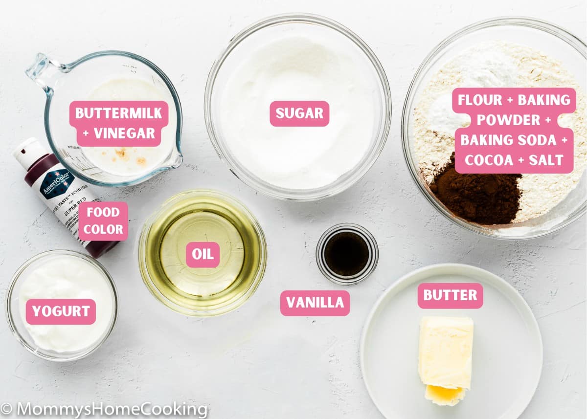 Ingredients needed to make egg-free red velvet bundt cake with name tags.