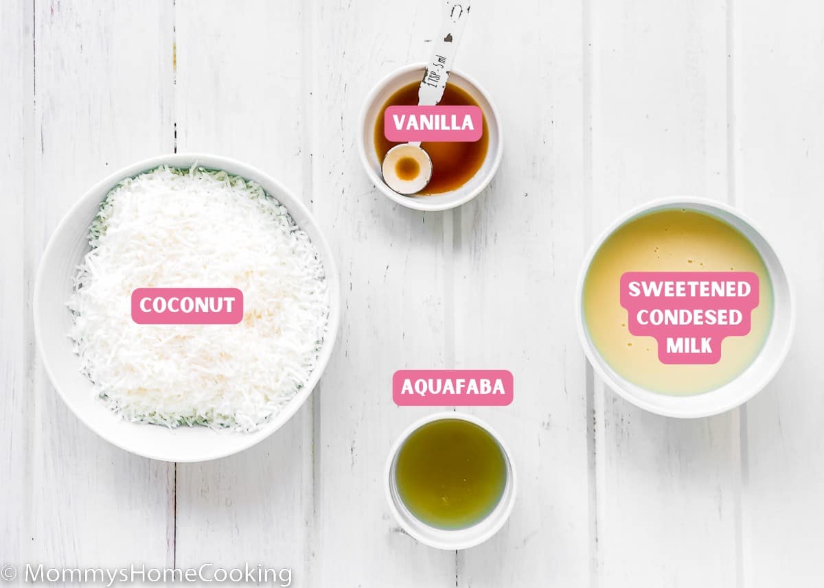 ingredients needed to make Eggless Coconut Macaroons over a white surface with name tags.