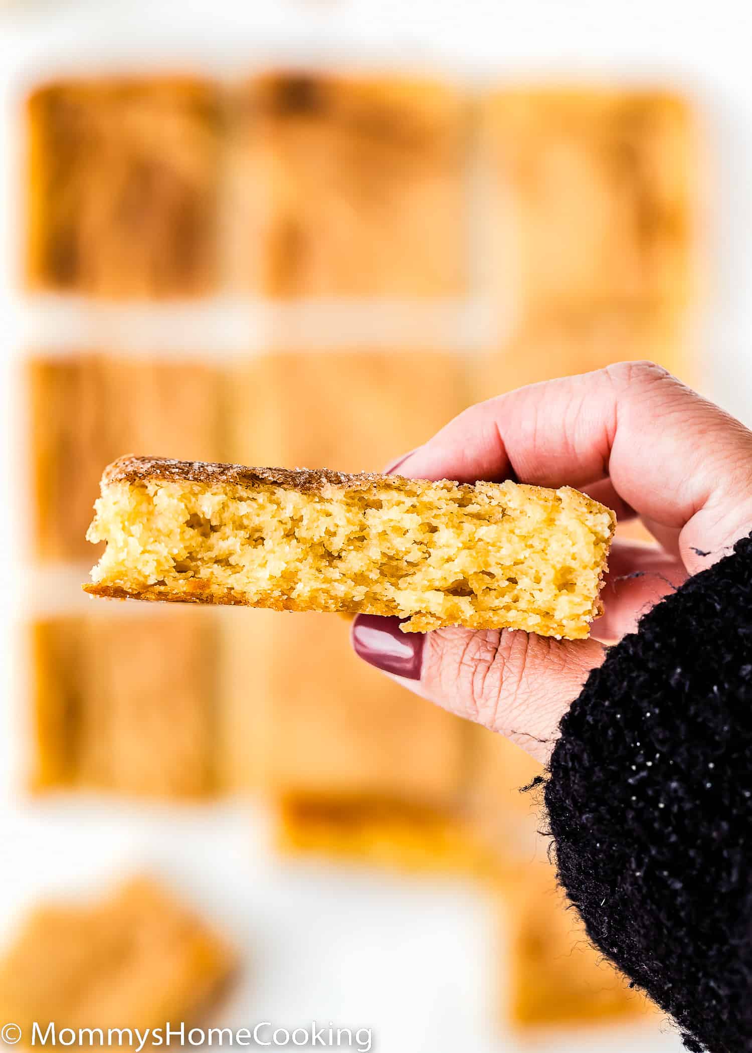 a hand holding a egg-free Snickerdoodle Bars