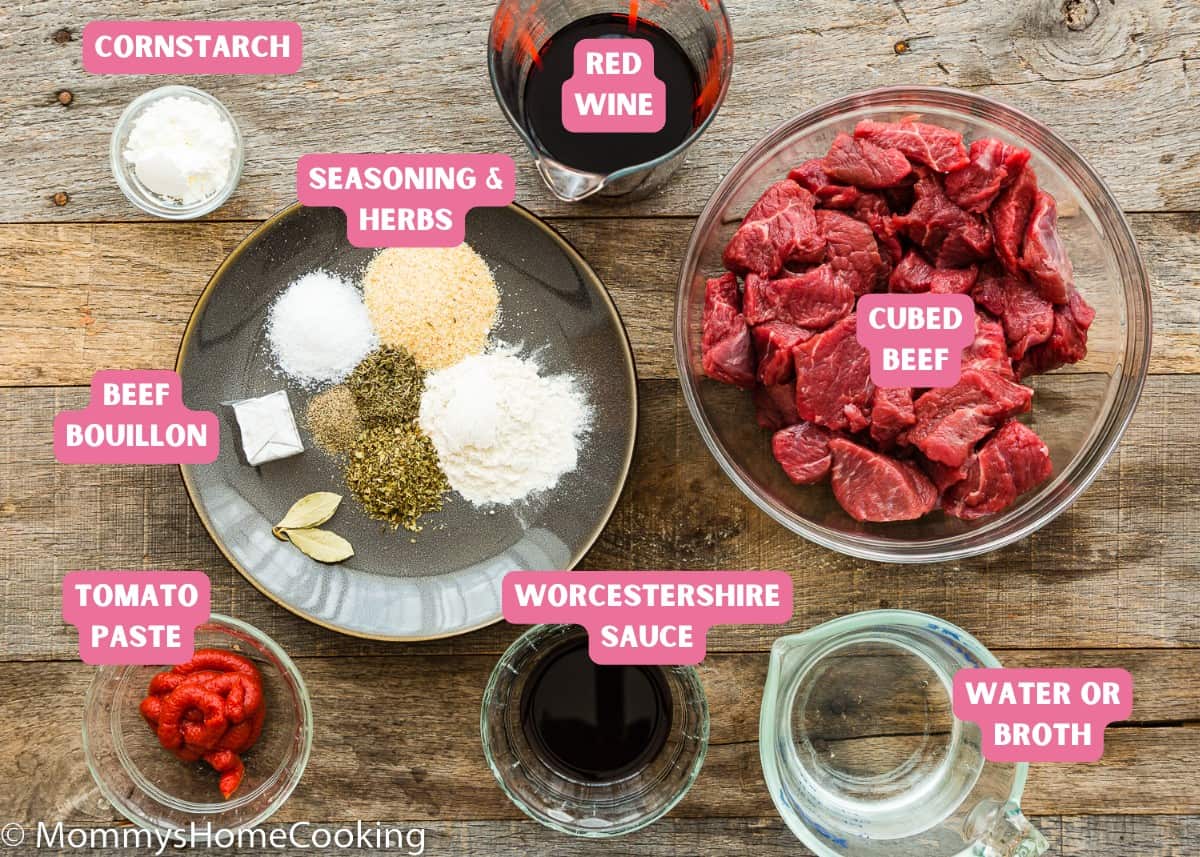 Ingredients needed to make Beef Tips with Gravy with name tags.