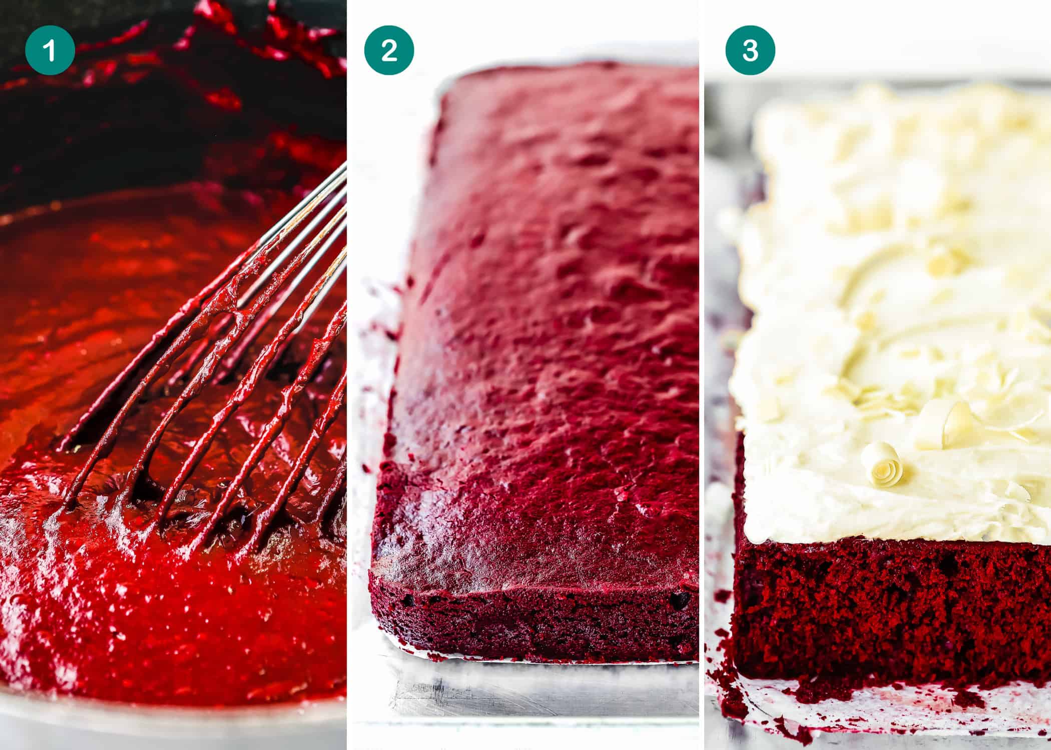 Three-step process: Mixing eggless red velvet brownies batter with a whisk, baked red velvet cake, and finished cake topped with white frosting and white chocolate curls.