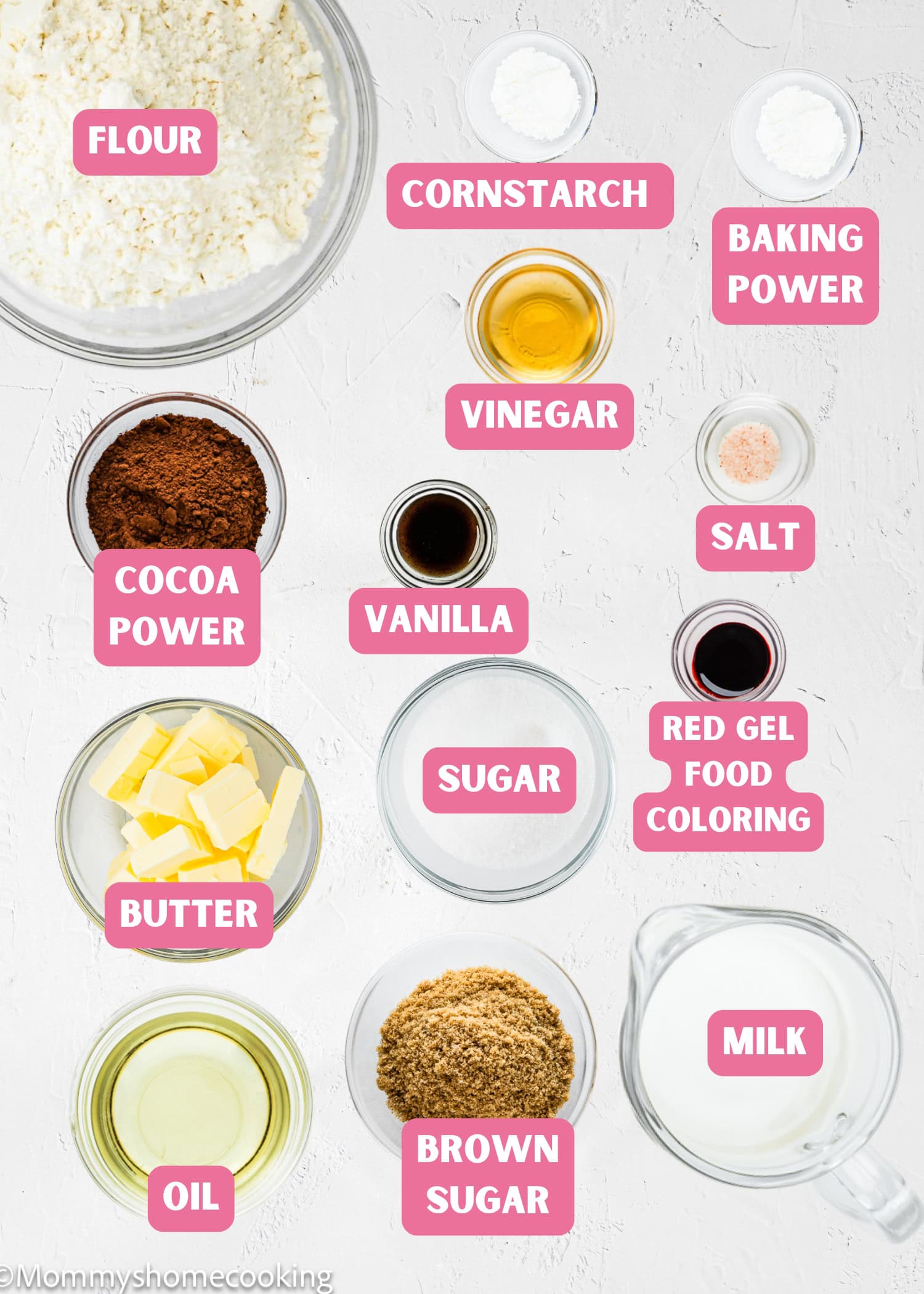 Top-down view of labeled baking ingredients in bowls and dishes for Eggless Red Velvet Brownies, including flour, cornstarch, baking powder, vinegar, salt, cocoa powder, vanilla, red gel food coloring, sugars, butter, and milk.