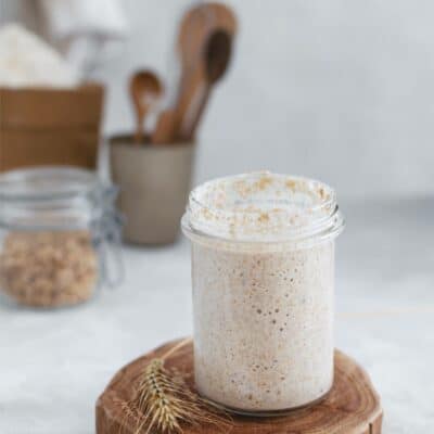 One glass jars with wheat sourdough starters