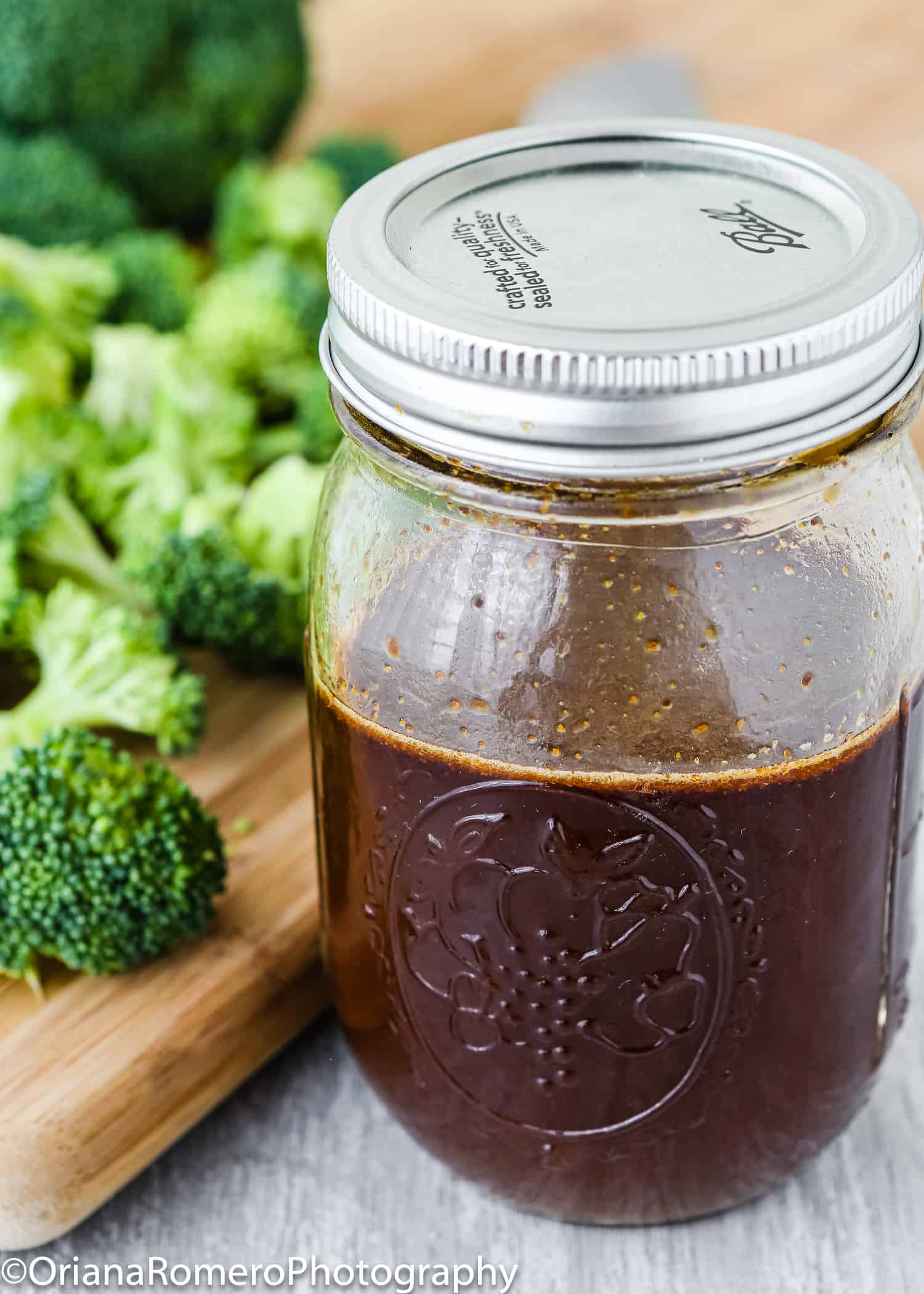 Beef and broccoli stir fry sauce in a mason jar.