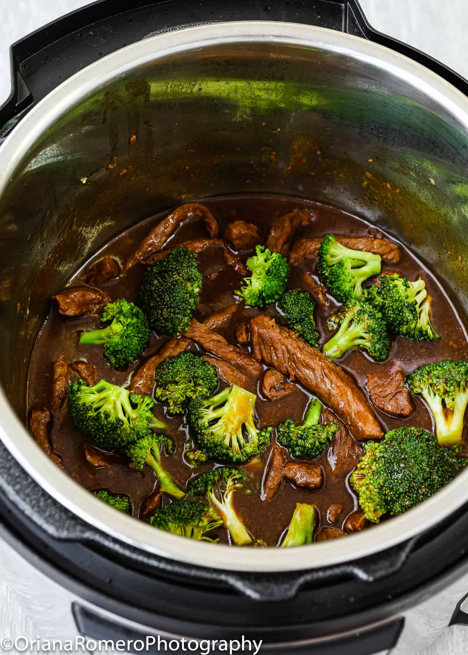 Beef and broccoli stir fry in an Instant Pot.