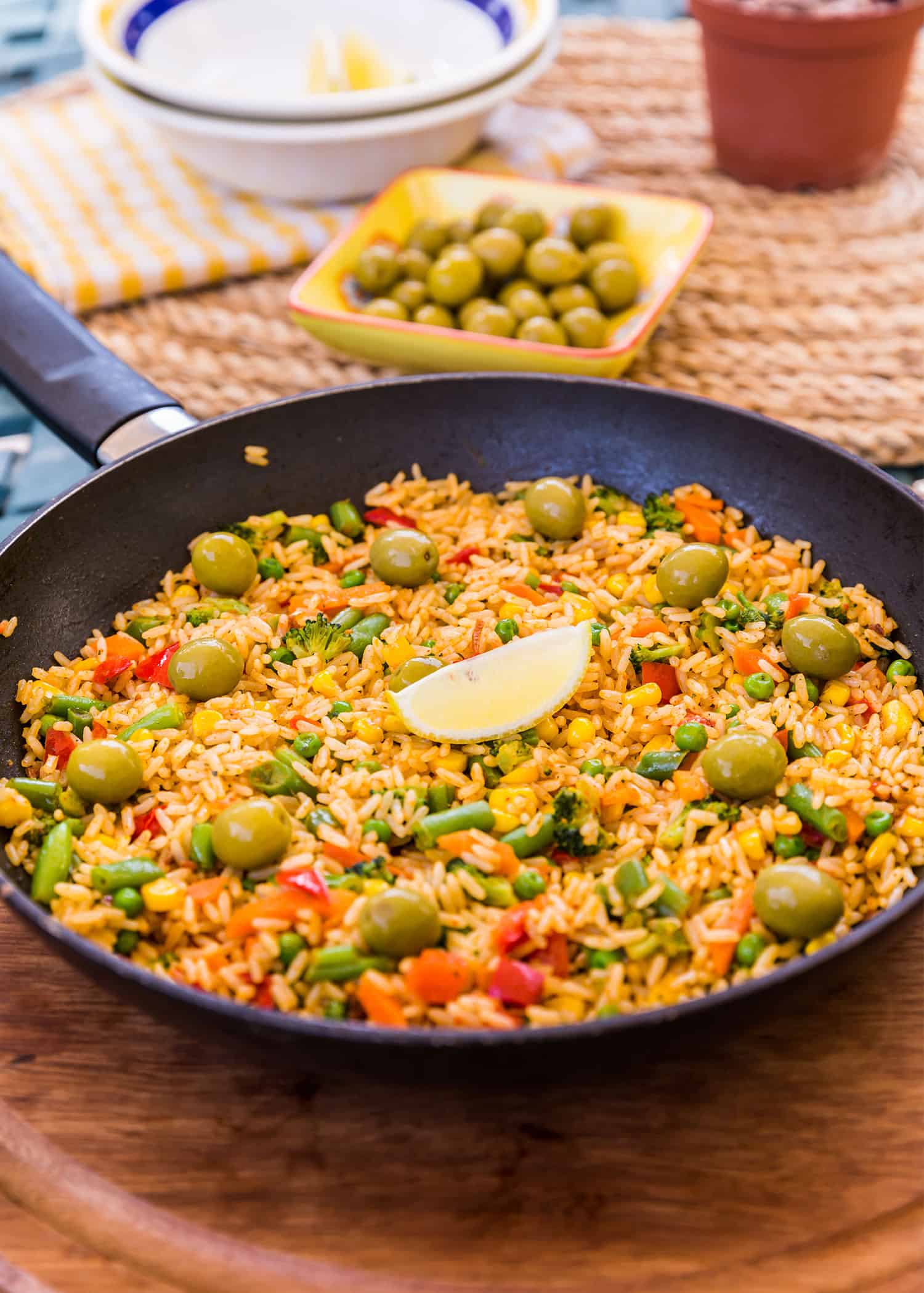 Vegetarian Paella with loads of fresh vegetables and traditional Spanish spices.