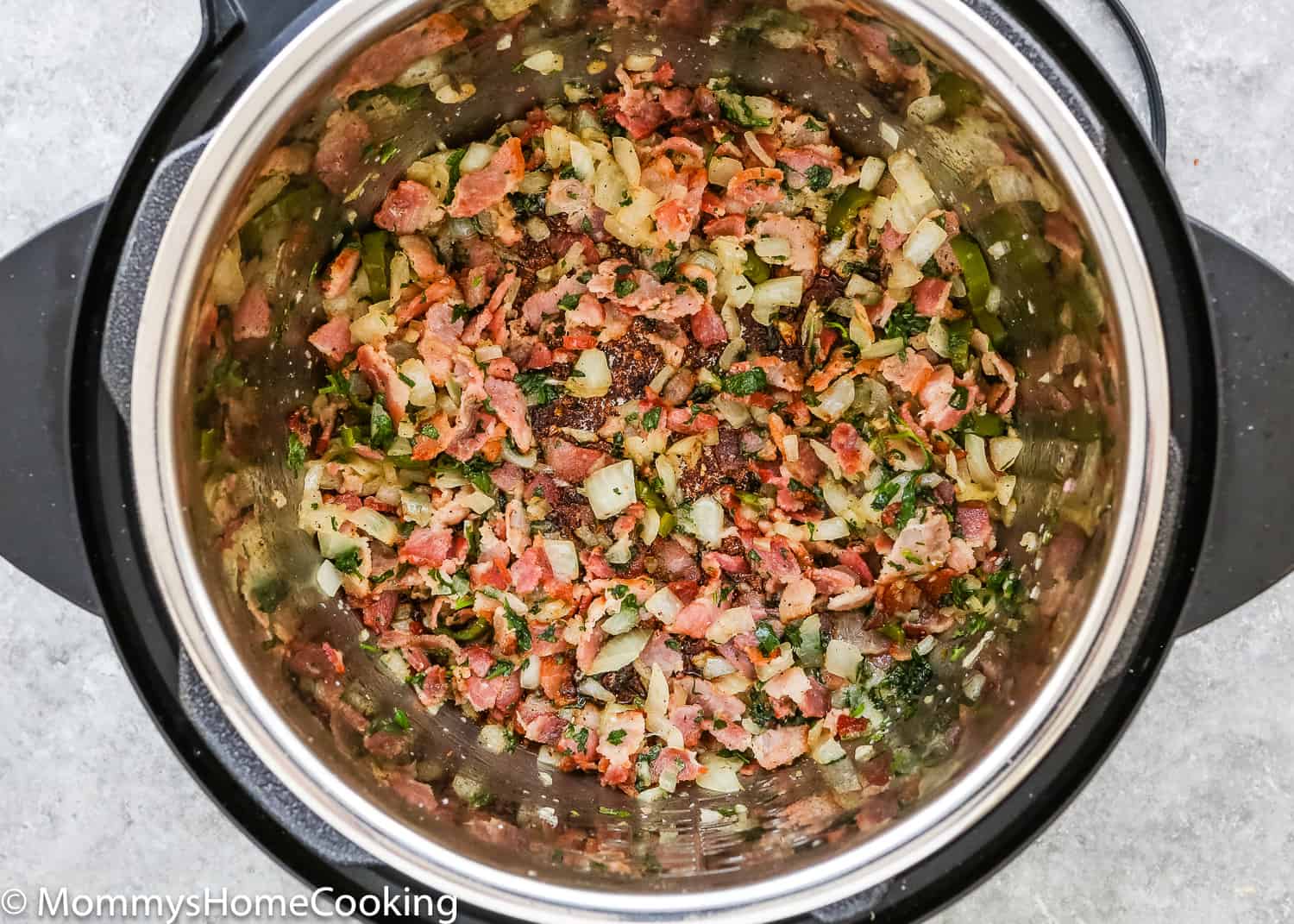 saute veggies and bacon in a pressure cooker.