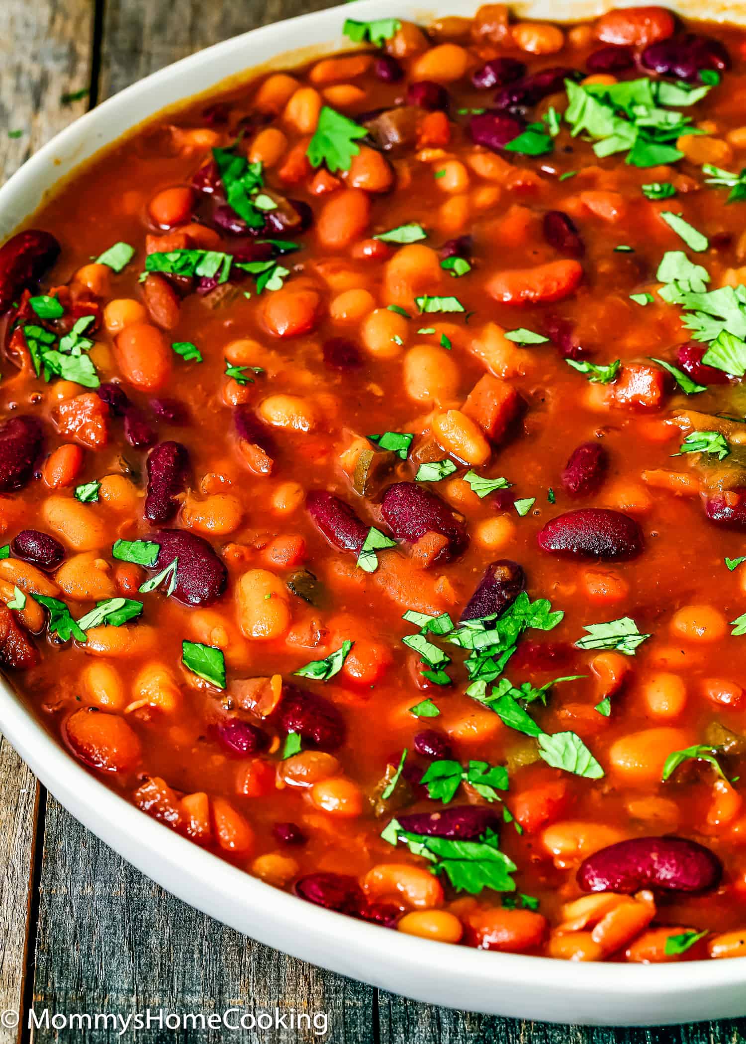 baked beans made with canned beans in a bowl.