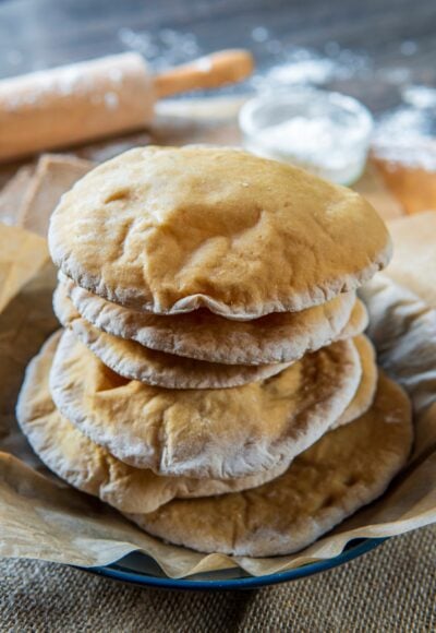 Stack of homemade pita bread. Freshly baked. Round flatbread that can be stuffed with food.
