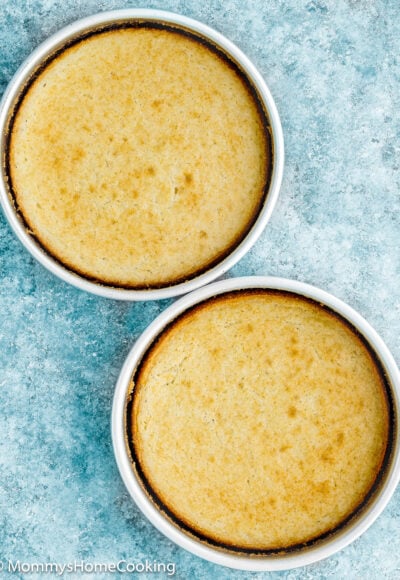 two cake pans with vanilla cake over a blue surface