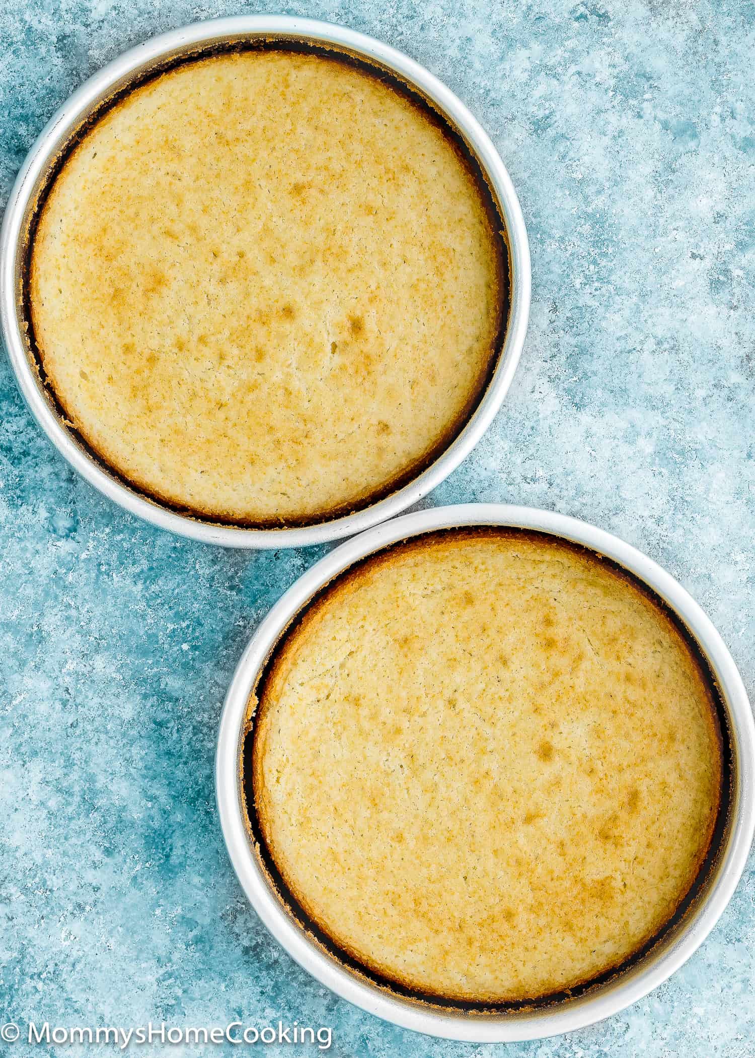 two cake pans with vanilla cake over a blue surface