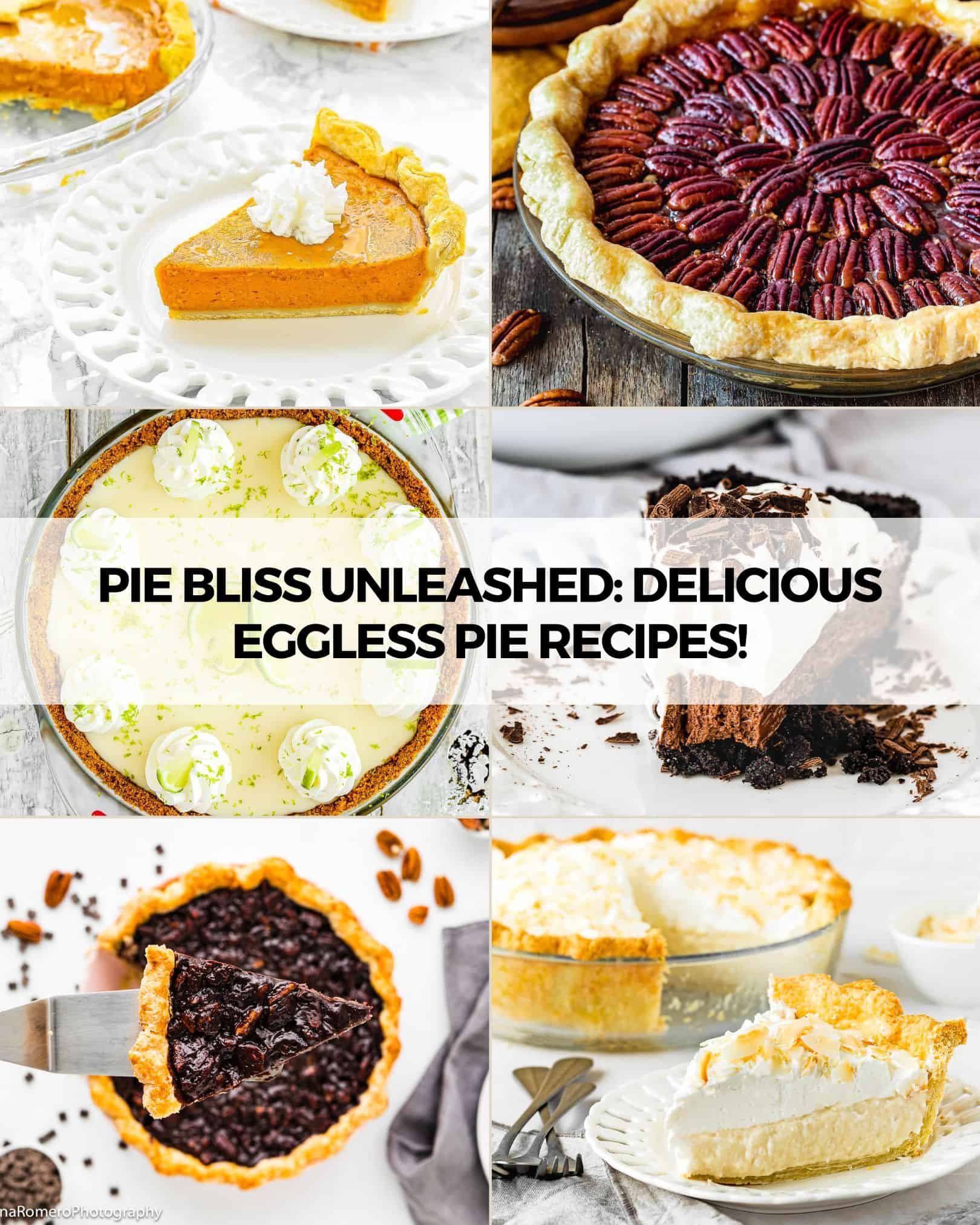 Photo collage with 6 egg-free pie pictures. 