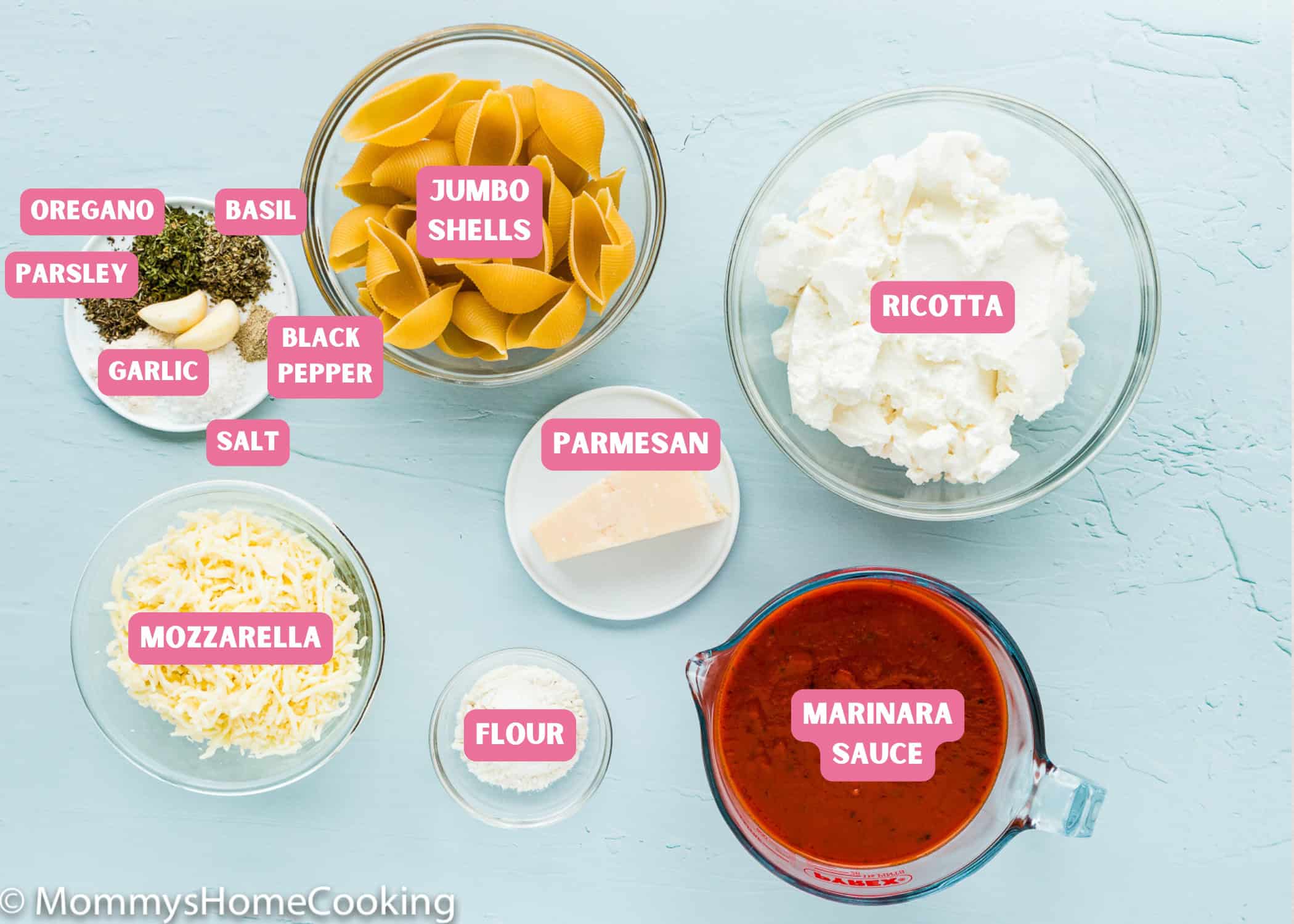 Eggless Ricotta Stuffed Shells ingredients with name tags.
