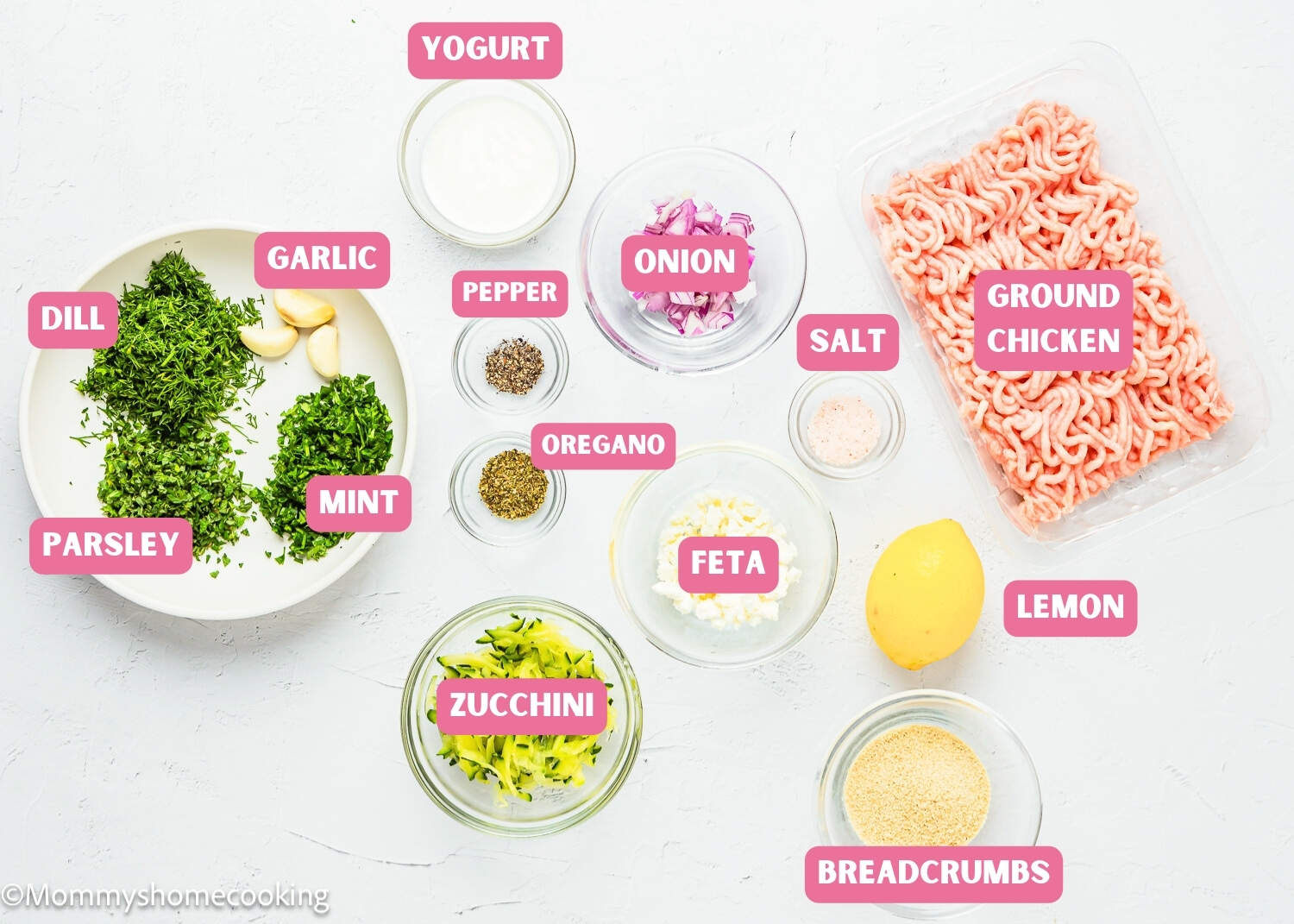 Ingredients needed to make Greek Chicken Meatballs with name tags.