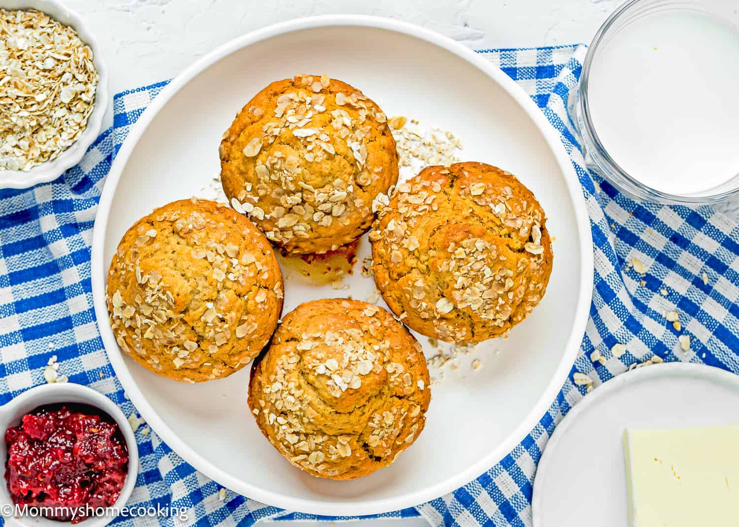Easy oat muffins made with jam and oats, containing no eggs, no sugar, and dairy.