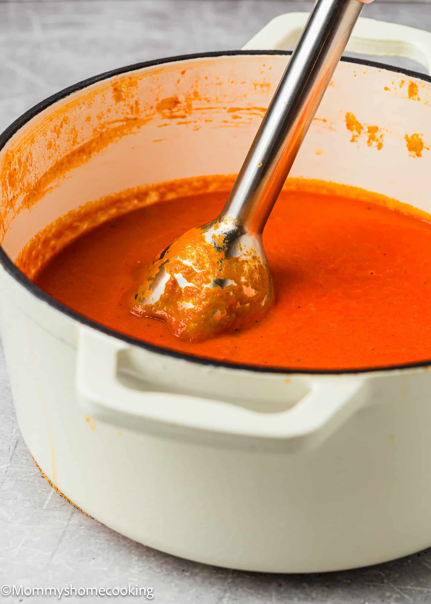 a immersion blender blending a homemade tomato soup.