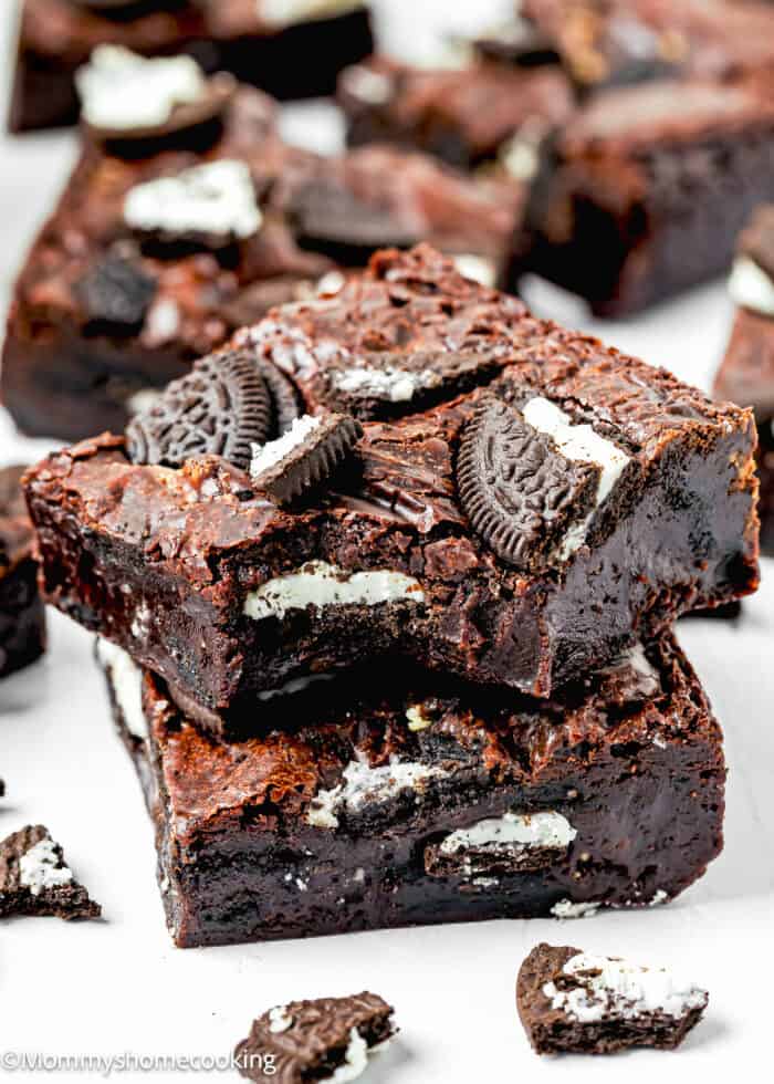 Easy Eggless Oreo brownies stacked on top of each other.