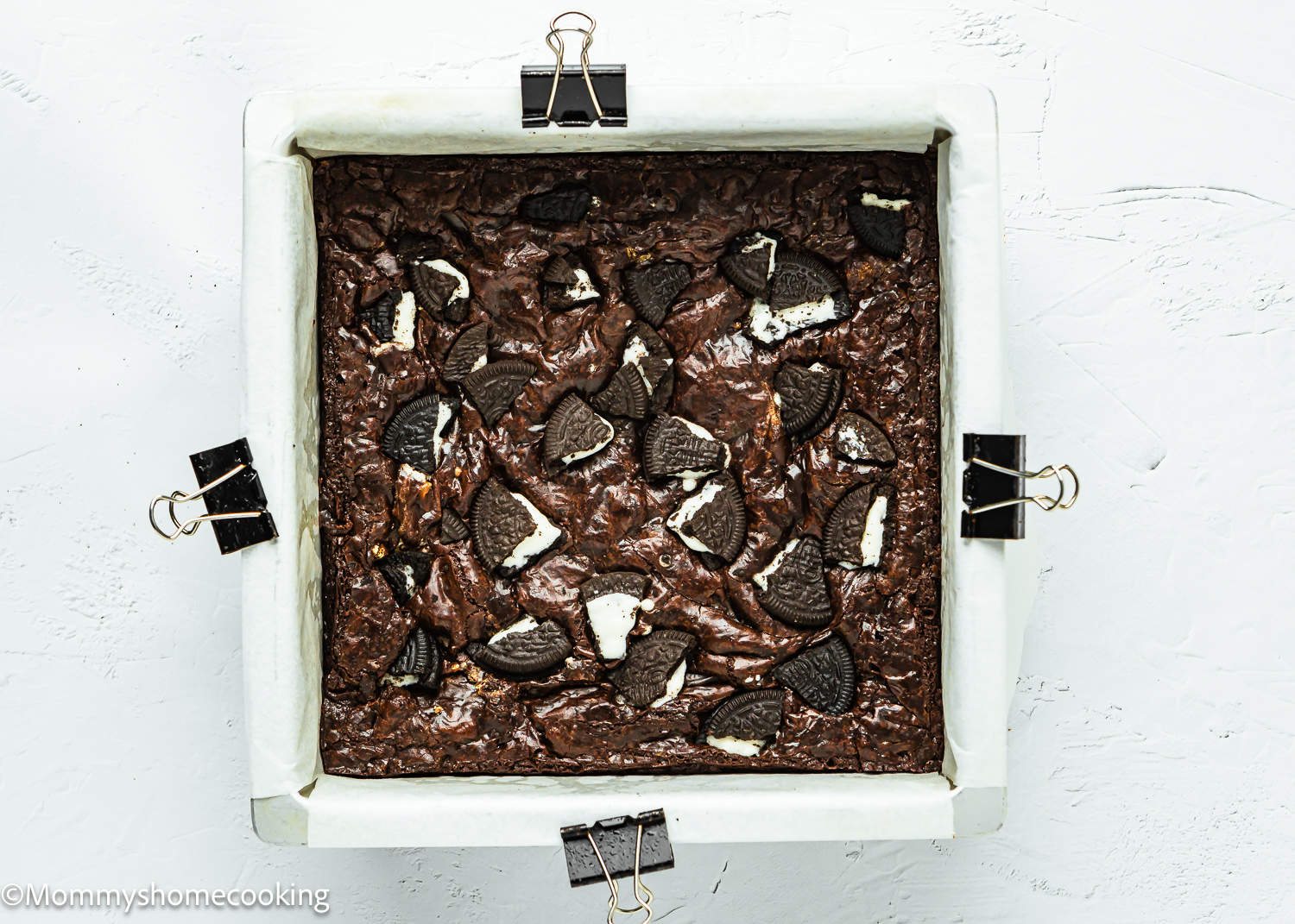 baked Eggless Oreo Brownies in a baking dish.