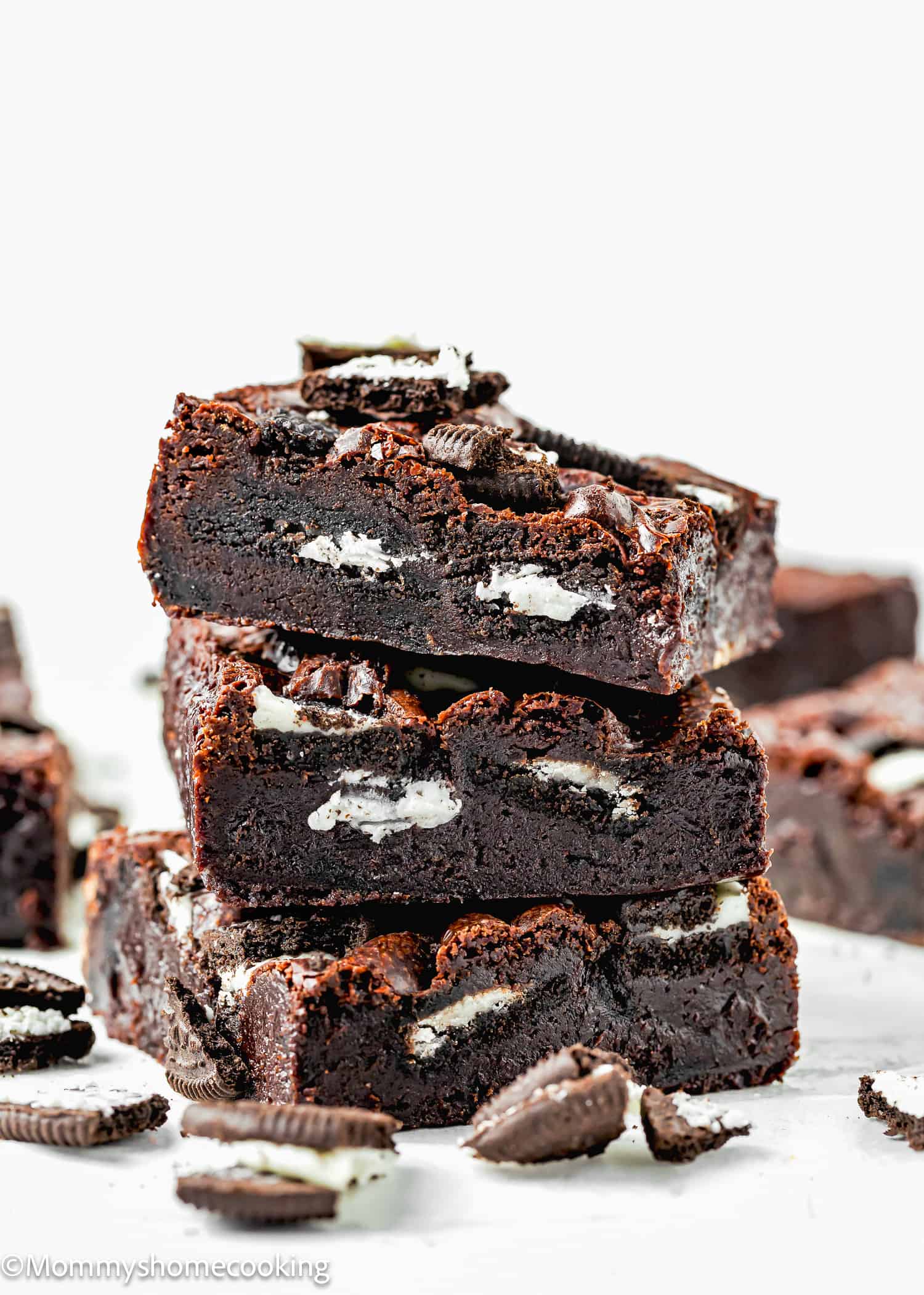 Stacked eggless Oreo brownies.