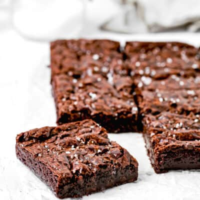 The brownies are cut into squares, made without eggs from a boxed mix.