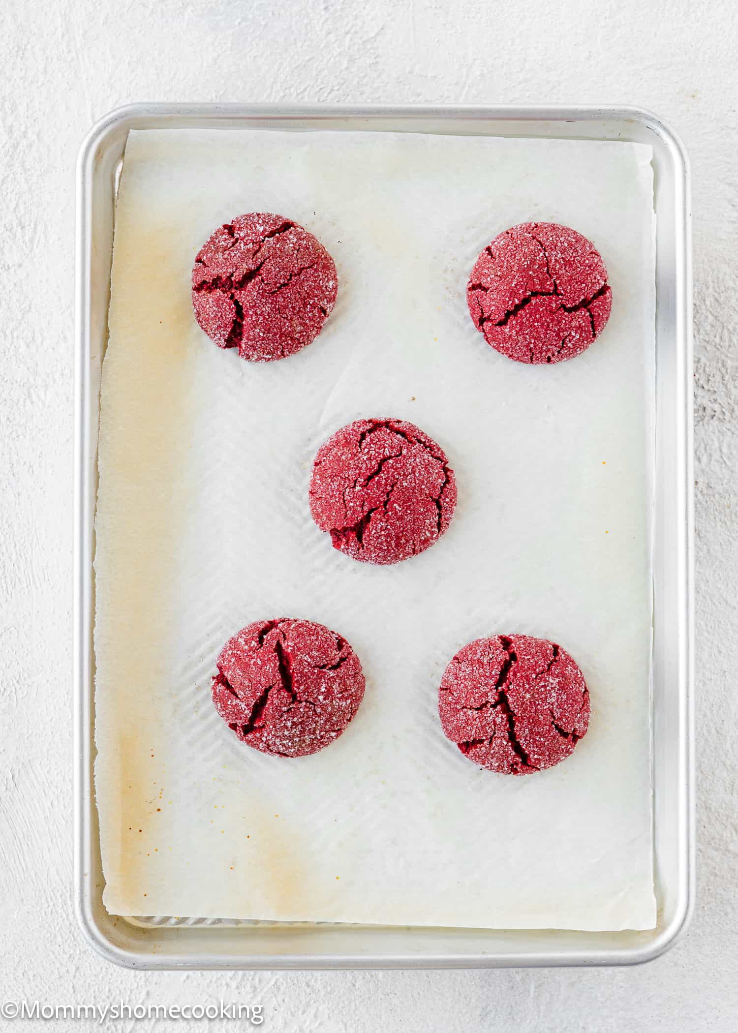 baked Cake Mix Valentine Cookies in a baking sheet.