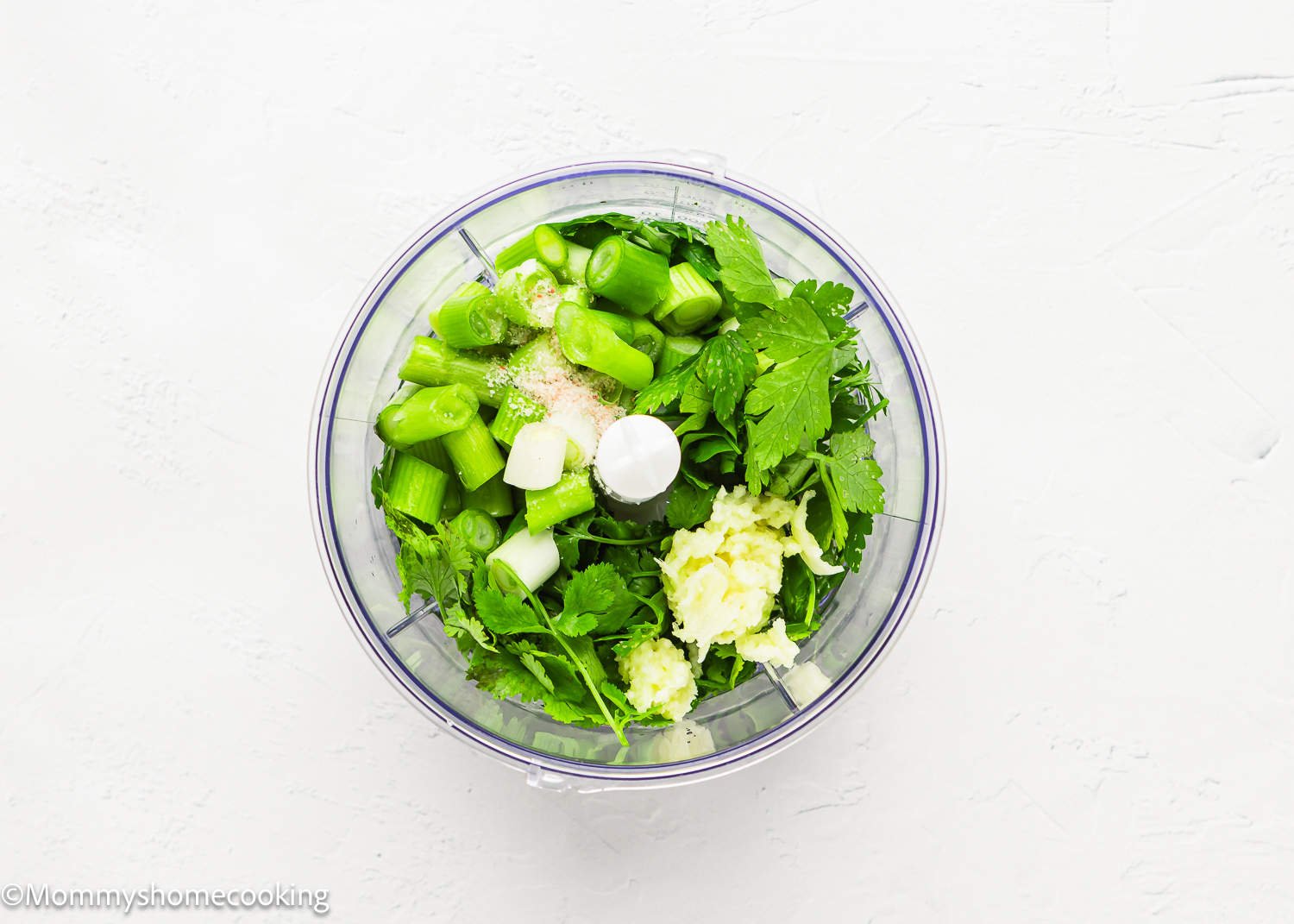 parsley, cilantro, green onions, oil, water, and vinegar in a small food processor.