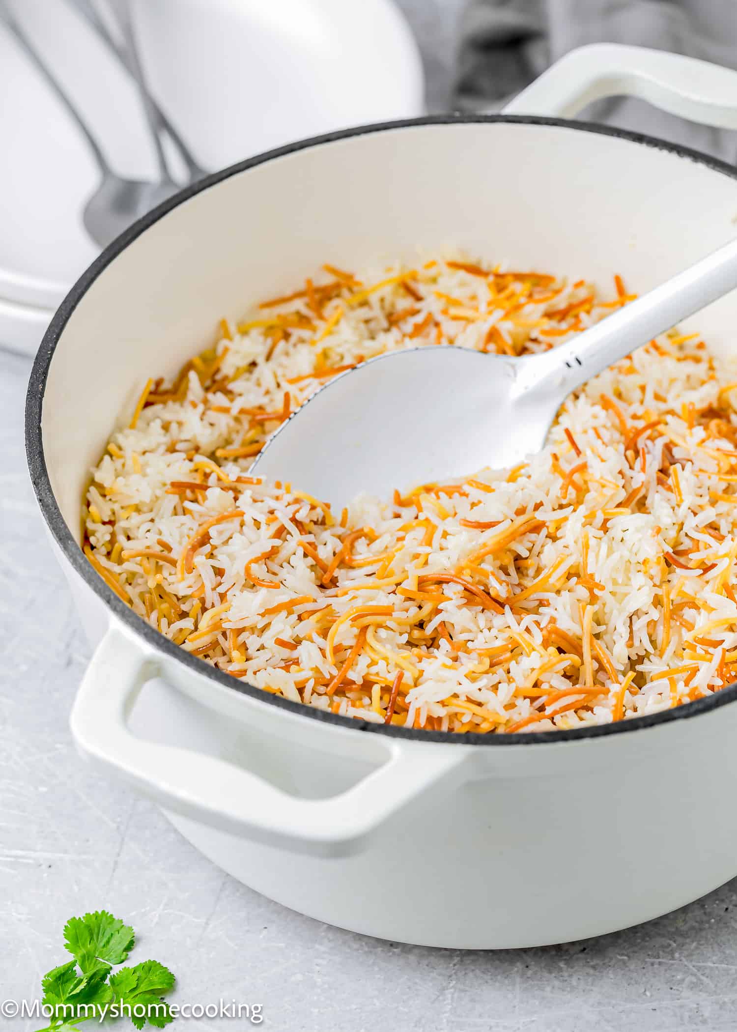 Vermicelli Rice (Arroz con Fideos) in a dutch oven pot with a serving spoon.