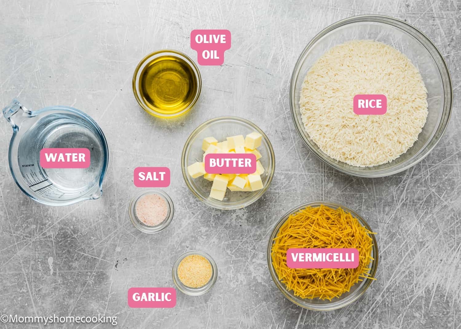 Ingredients needed to make Vermicelli Rice (Arroz con Fideos) with name tags.