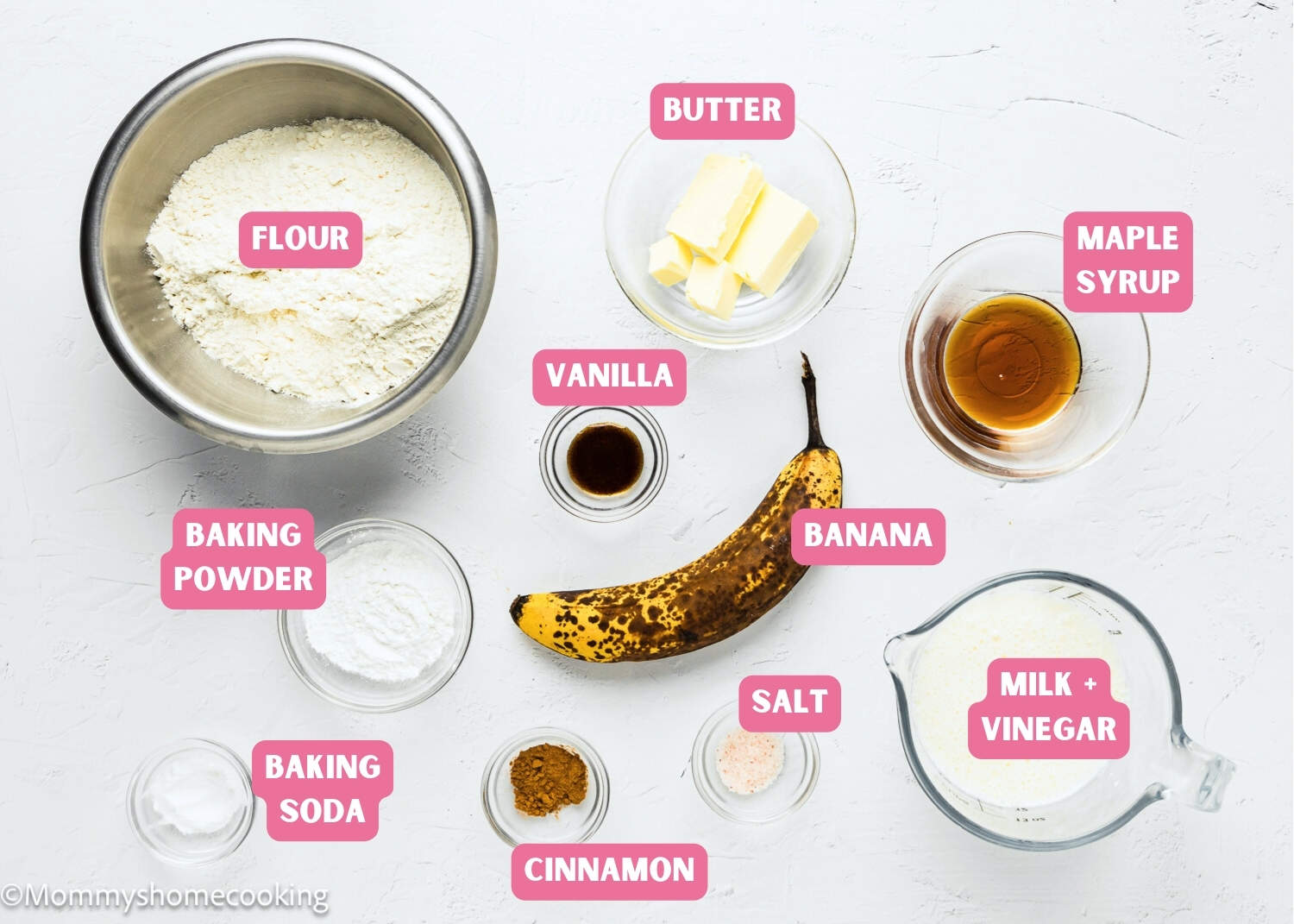 Ingredients needed to make easy banana pancakes with no egg with name tags.
