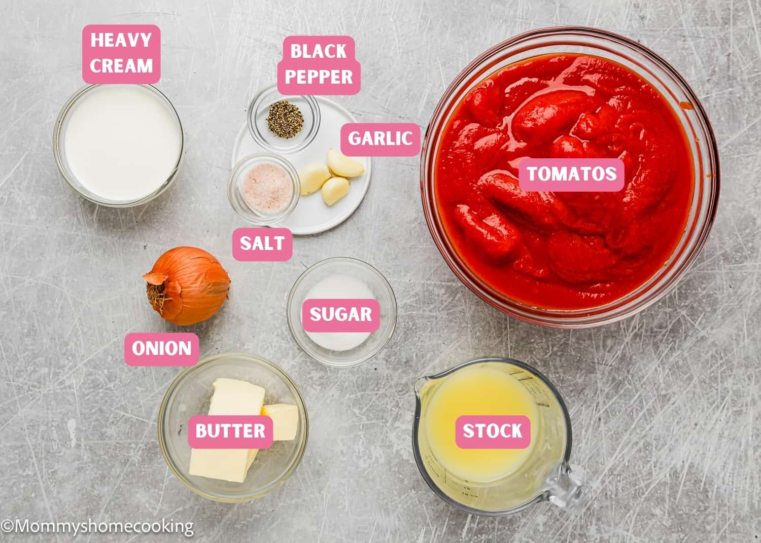 Ingredients needed to make tomato soup with name tags.