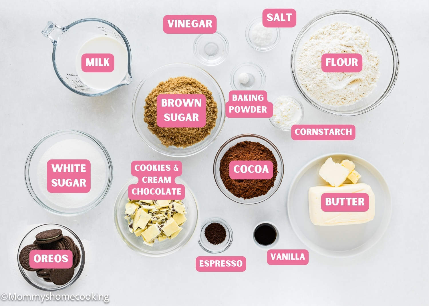 Ingredients needed to make Eggless Oreo Brownies with tag names.
