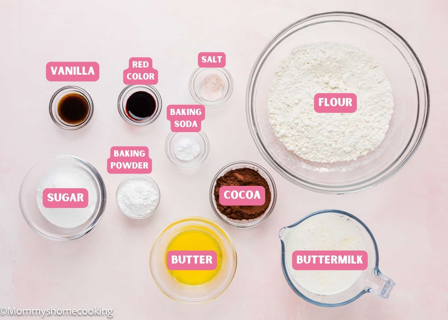 Ingredients needed to make red velvet pancakes (no eggs) with tag names.