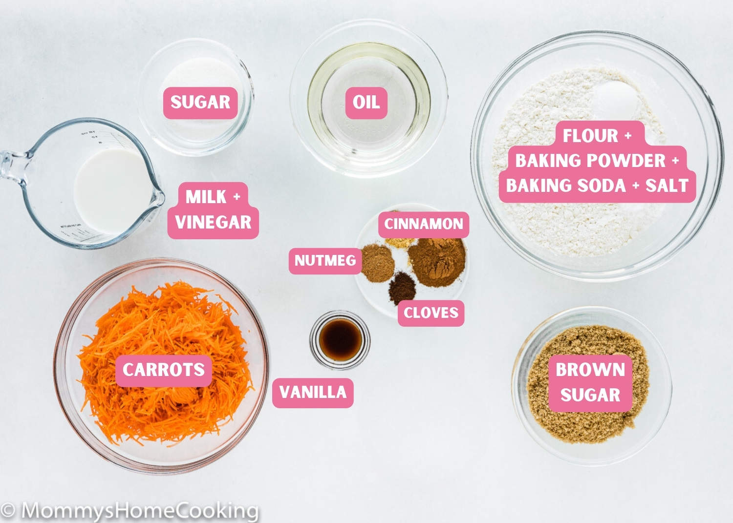 Ingredients needed to make dry ingredients for Carrot Cake Muffins (No Eggs & No Dairy) with name tags.