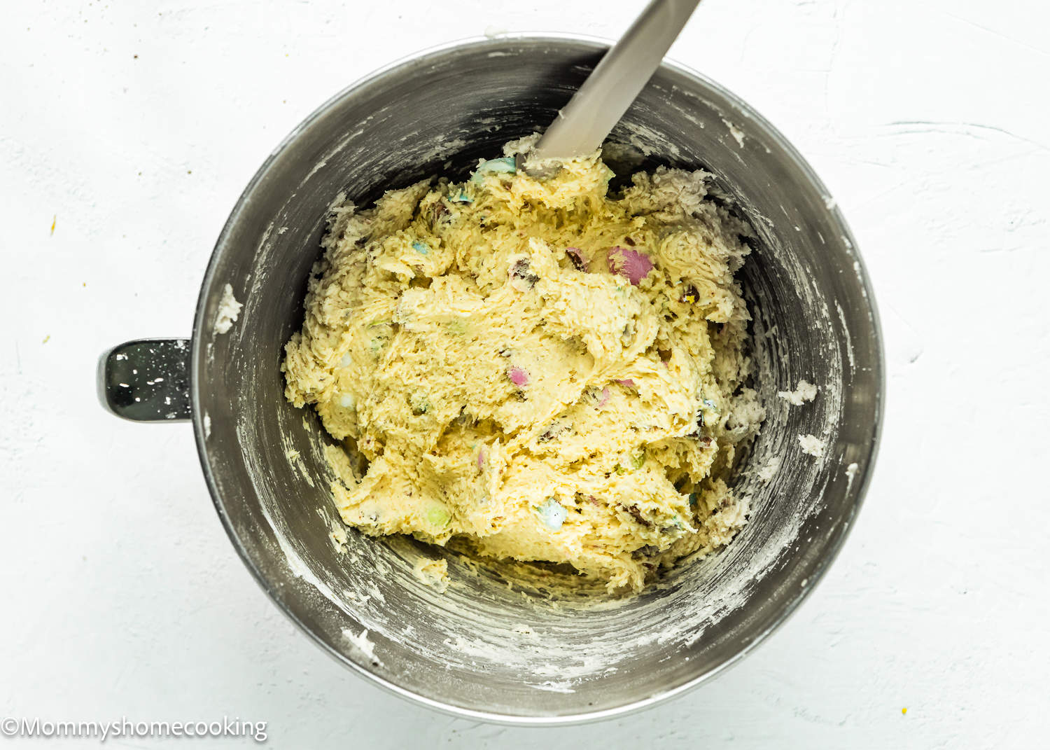 Easter Blondies batter into a stand mixer bowl.
