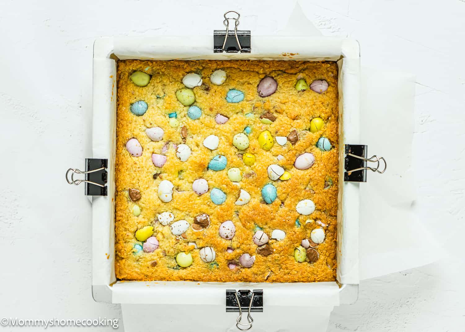 baked Easter Blondies (Egg-Free) in a square baking pan.